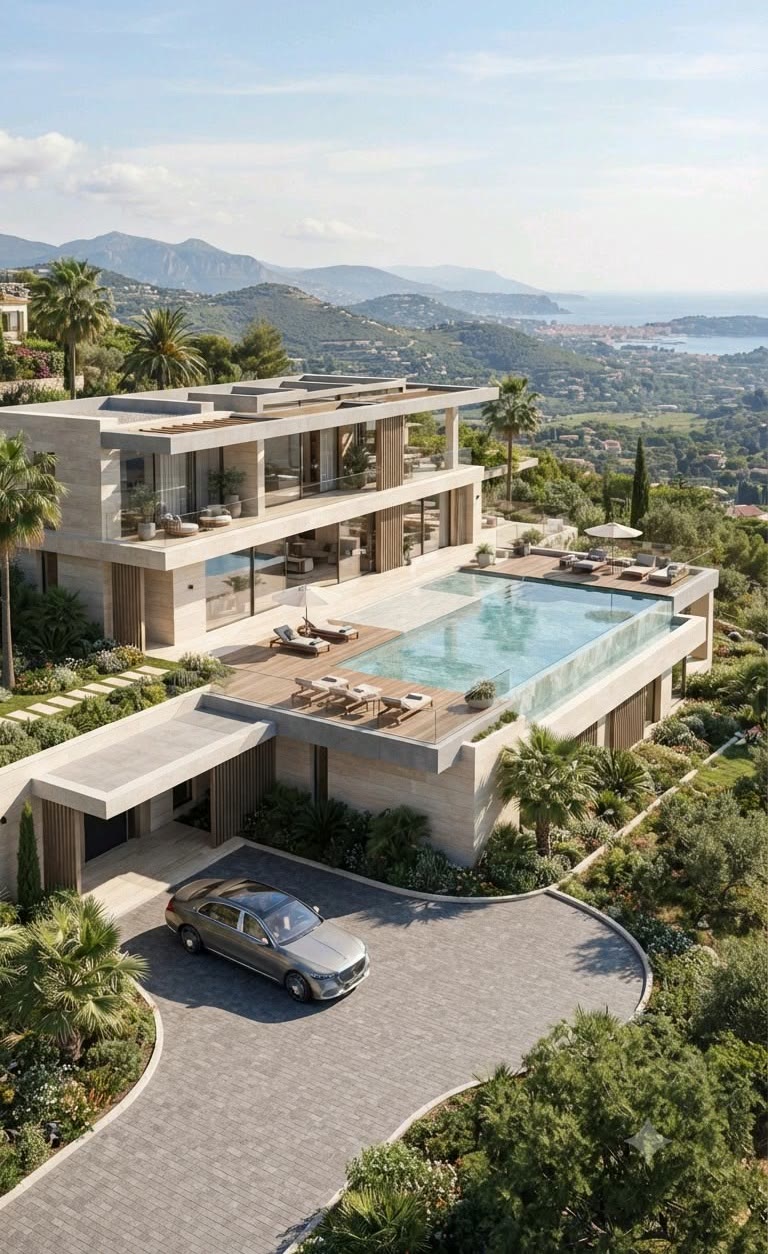 A contemporary villa above the Mediterranean, its infinity pool facing the bay